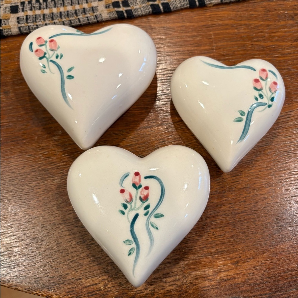 White Ceramic Heart Trinket Dishes with Pink Floral Accent